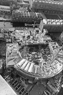 London Prints: An aerial view of the Barbican Centre under construction in London 1978