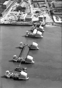 London Prints: Aerial view of the Thames flood barrier