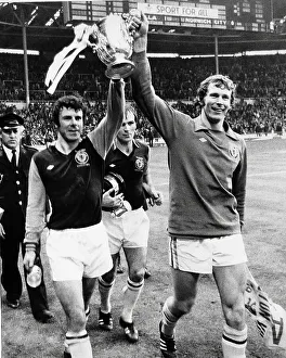 Aston Villa's Charlie Aitken, Ian Ross and keeper Jim Cumbes parade the League Cup