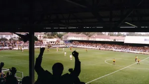 Barnet FC fans salute Frank Murphy after one of his two goals that clinched a 2-0 victory over York