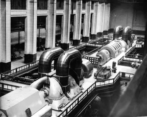 Forties Prints: Battersea Power Station generating hall turbines in 1948