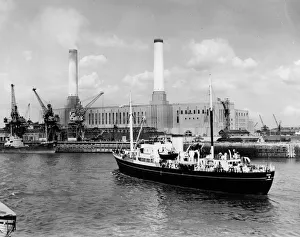 London Prints: Blackwall Power Station with Trinity house vessel Vestal in foreground