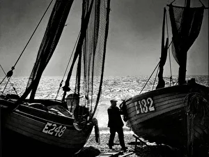 Thirties Prints: Boats on the beach at Beer, Devon