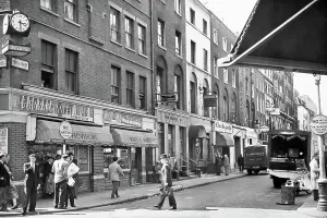 Black And White Prints: Corner of Old Compton Street and Frith Street in Soho W1, London in 1956