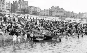 Beaches Prints: A crowded Brighton beach, 1931