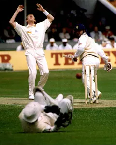 Cricket Prints: Dominic Cork can't bear to watch as Jack Russell miss fields ball played from Sachin Tendulkar of India