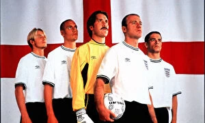 Images Dated 16th November 2023: England kit launch 1999 David Beckham, Rio Ferdinand, David Seaman, Alan Shearer and Michael Owen