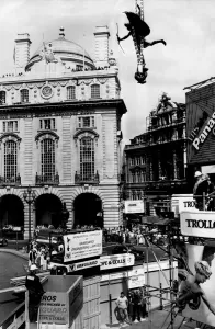 London Prints: Eros statue in Piccadilly Circus in London, being moved for facelift