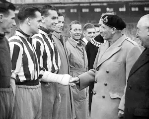 Forties Prints: Field Marshal Viscount Montgomery shaking hands with footballer, Jackie Milburn