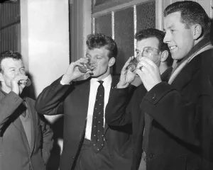 Brighton And Hove Albion Prints: Footballers of Brighton and Hove Albion fc taking anti flu medicine 1961