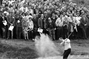 Golf Prints: Golfer, Arnold Palmer, plays from bunker at the 8th at Royal Birkdale in the Ryder Cup