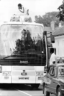 Cricket Prints: Gordon Greenidge on top of the Windies team bus trying to fix the aerial in 1984