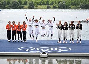 Olympics Prints: Great Britain's women's quadruple sculls celebrate on the podium as they win gold