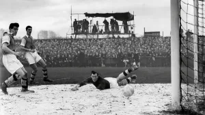 FA Cup Prints: Jack Kelsey sprawled in the sawdust watches the ball enter the net for Bedford's only goal scored by Harry Yates