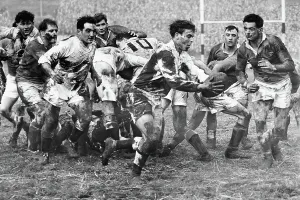 Archive Prints: John Williams, the England scrum half pictured holding the ball is hardly distinguishable from his challenger Rees
