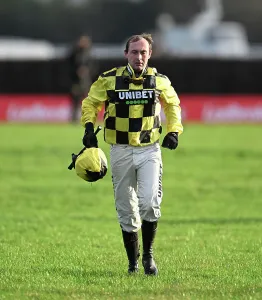 Horse Racing Prints: The King George V1 Chase Kempton Park Jockey Nico de Joinville running back after falling off Siskin Dec 2024