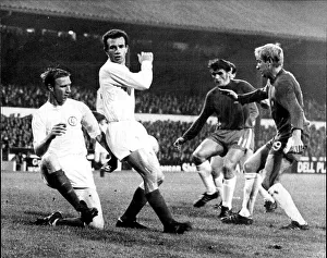 Chelsea F.C Prints: Leeds United footballer Paul Reaney (2nd left) with Jack Charlton (left) Charlie Cooke (right)