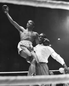 Lightweight Boxing match: Doug Vaillant celebrating beating Dave Charnley