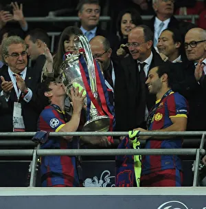 Champions League Football Prints: Lionel Messi and Javier Mascherano with the trophy
