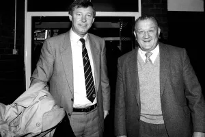 Liverpool F.C Prints: Liverpool Manager Bob Paisley with Manchester United manager Alex Ferguson 1986