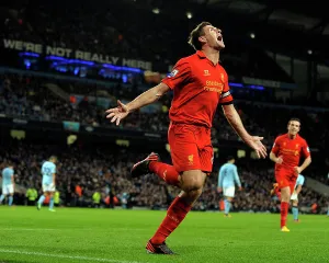 Archive Prints: Liverpool's Steven Gerrard scores their second against Manchester City