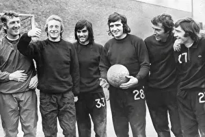 Manchester United F. C. footballers, (L-R): Alex Stepney, Denis Law, George Best, Ian Moore, David Sadler, and Francis Burns 1972