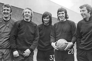 Manchester United Collection: Manchester United F. C. footballer's L-R: Alex Stepney, Denis Law, George Best, Ian Moore