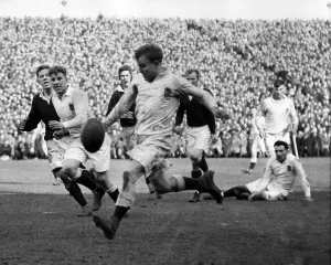 Scotland Prints: Micky Steele-Bodger in play during Scotland v England match at Murrayfield 1948