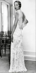 Fashions From The 1930s Prints: Model wearing embossed velvet evening dress 1932