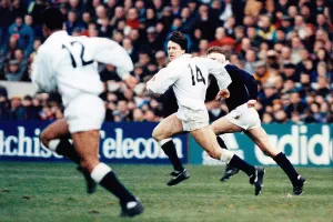 Scotland Prints: Five Nations Championship Scotland v England at MurrayfieldSimon Halliday on his run which led to an England try 1992
