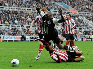 Newcastle's Shola Ameobi brought down by Sunderland's Fraizer Campbell for a penalty