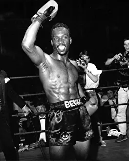 Nigel Benn, boxer, in ring after beating Tim Williams at Royal A