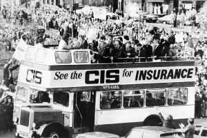 Nottingham Forest football team parade the European Cup through the city on top of a double-decker bus