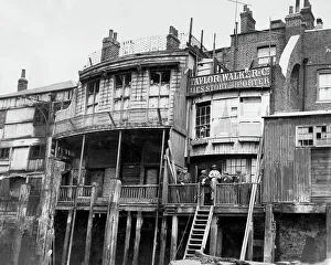 London Prints: The old barge office and the Grapes Public House at Limehouse in London in 1924