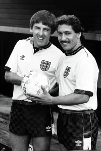 England Football Team Prints: Peter Beardsley and Kenny Samson show off the new England football strip 1987