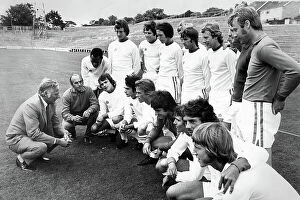 Brighton & Hove Albion Collection: Peter Taylor talks to the Brighton & Hove Albion team on the Goldstone Ground pitch 1974