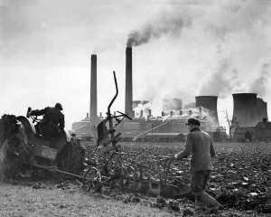 Agriculture Prints: Ploughing in Warwickshire with Harris Hall electricity power station in the background