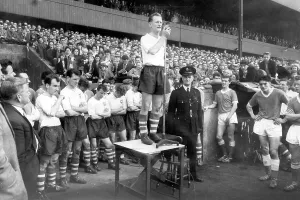 Preston North End and England footballer Tom Finney makes a speech to the crowd after playing his last game for Preston