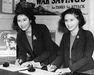 Images Dated 15th July 2022: Princess Elizabeth and Princess Margaret Rose at a country post office 1943