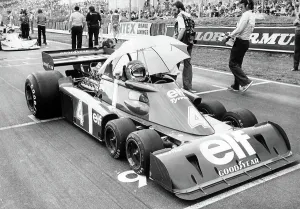 Motoring Prints: Racing driver Patrick Depailler in his 6 wheel Elf Tyrrell at Brands Hatch for the 1976 Grand Prix