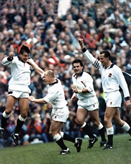 Images Dated 6th September 2023: Rob Andrew, Richard Hill, Will Carling and Jonathan Webb celebrate victory over Scotland Rugby