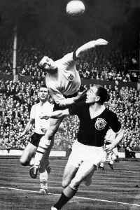 Scottish Football Prints: Ron Springett (England) saves from Ian St John of Scotland in 1961