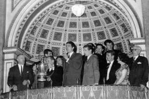 Liverpool F.C Prints: Ron Yeats leads the singing of You'll Never Walk Alone with the FA Cup winning Liverpool football team of 1965