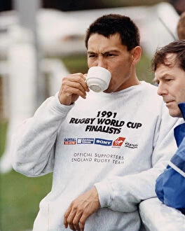 Images Dated 6th September 2023: Rory Underwood finishes training with a cup of tea 1991 Rugby World Cup