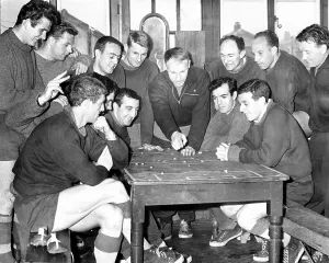 B And W Prints: Bill Shankly, Liverpool FC manager talking tactics before a FA Cup match 1963