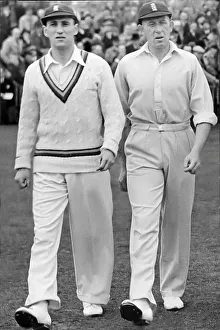 Sir Len Hutton with Dick Pollard at Old Trafford during test match against India