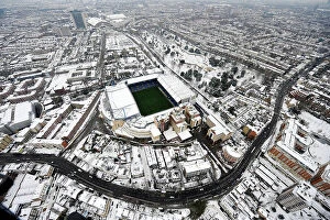 Chelsea F.C. Collection: A snow covered Stamford bridge from the air
