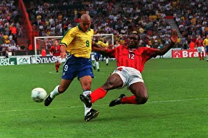 Sol Campbell tackles Ronaldo England v Brazil 1997