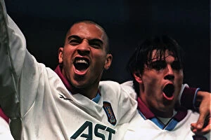 Images Dated 21st September 2023: Stan Collymore and Savid Milosevic celebrate scoring in the UEFA cup against Bucharest