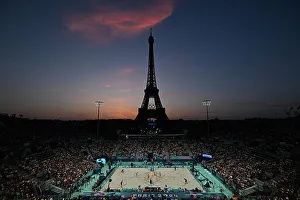Historic Prints: Sunset over the Eiffel Tower at the Beach Volleyball venue Paris 2024 Olympics